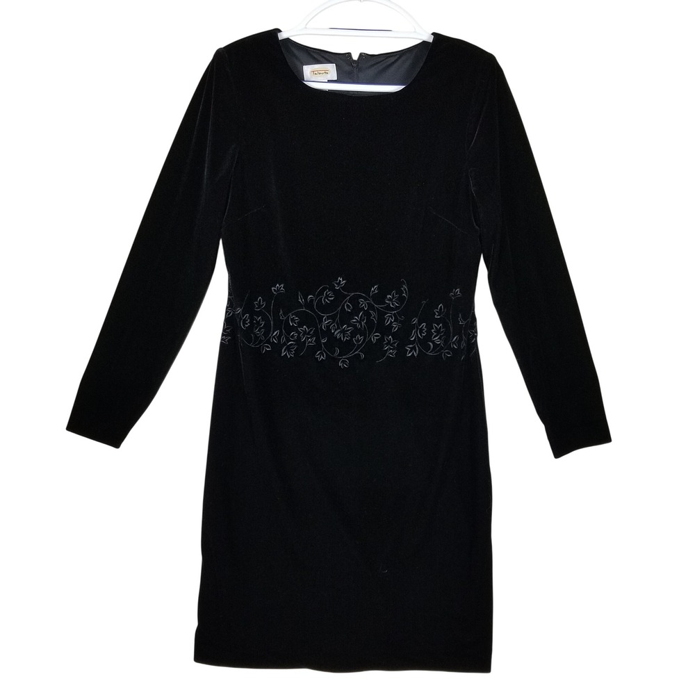 Talbots Velvet Sheath Dress Women 10 Black Embroidered Long Sleeve Evening Luxe